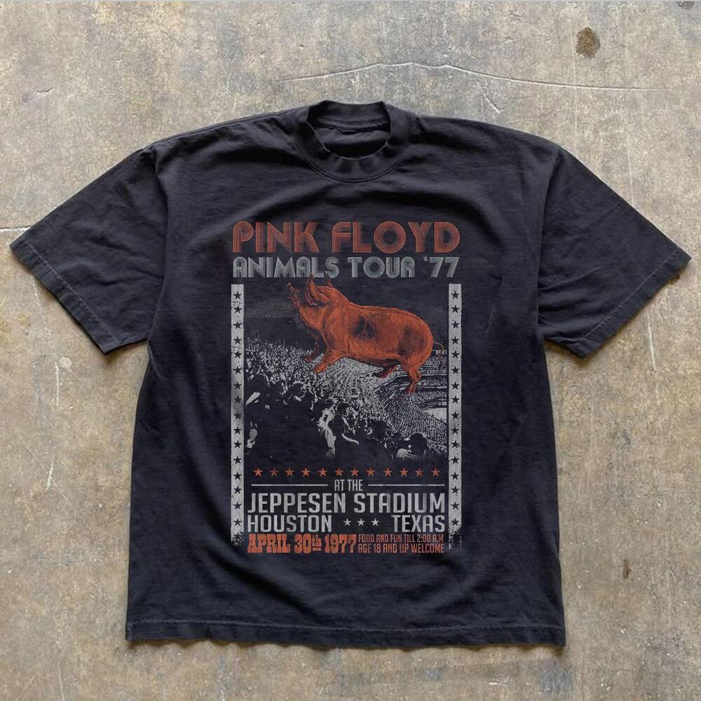 Pink Floyd Animals Tour 77 Jeppesen Stadium Vintage Black Graphic T-Shirt